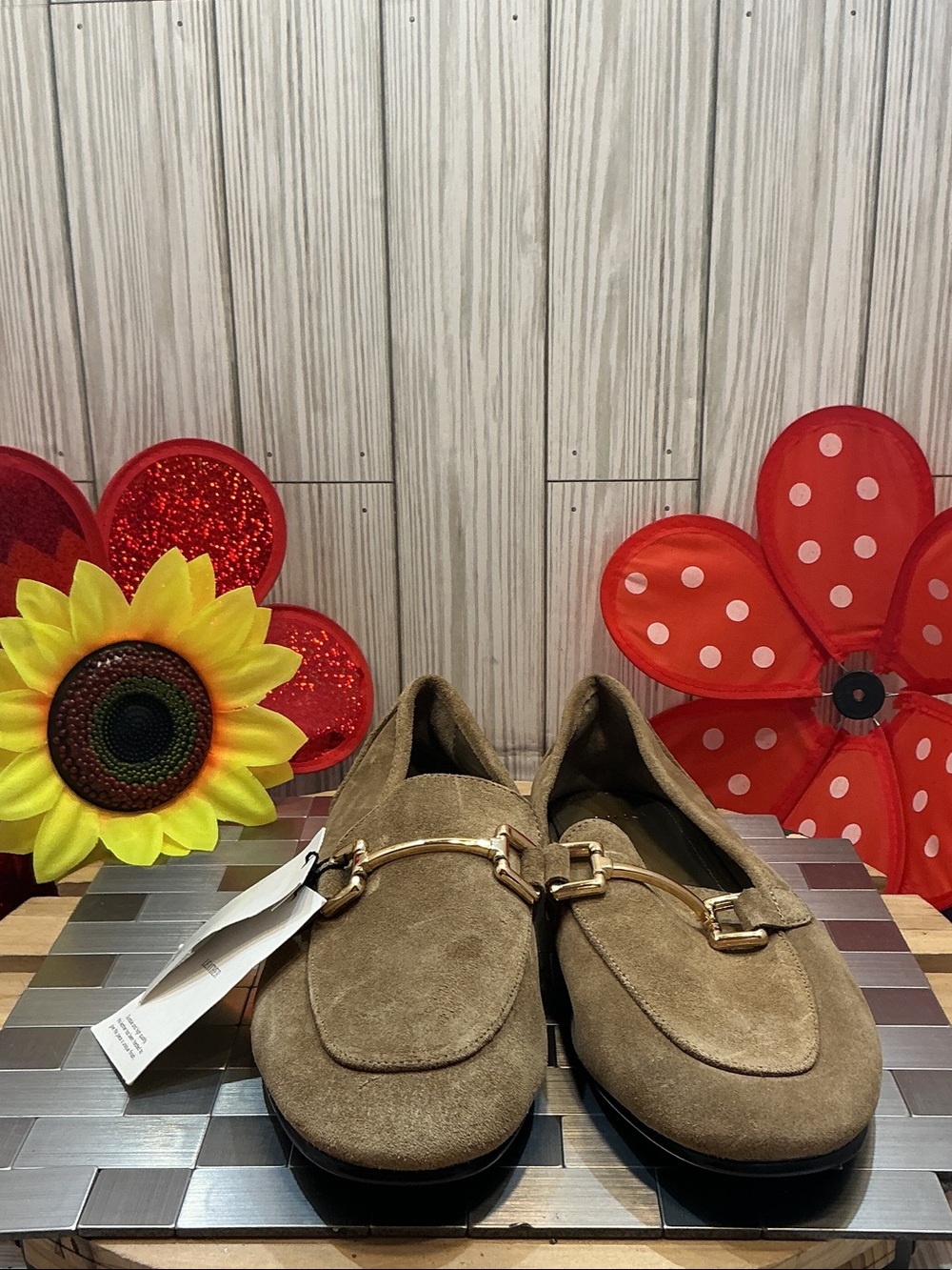 Mango Tan Suede Loafers with Gold Buckle